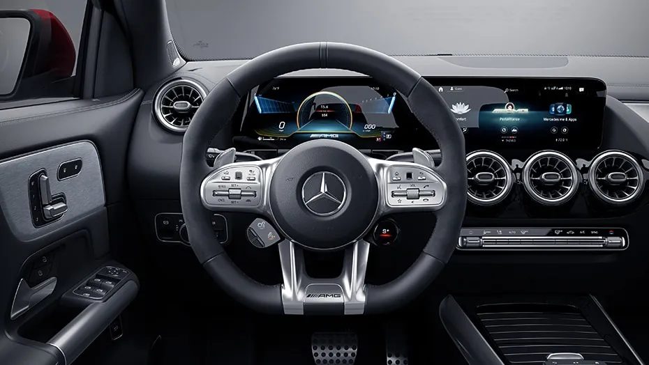 The Mercedes-AMG GLB35 is propelled forward by a large door