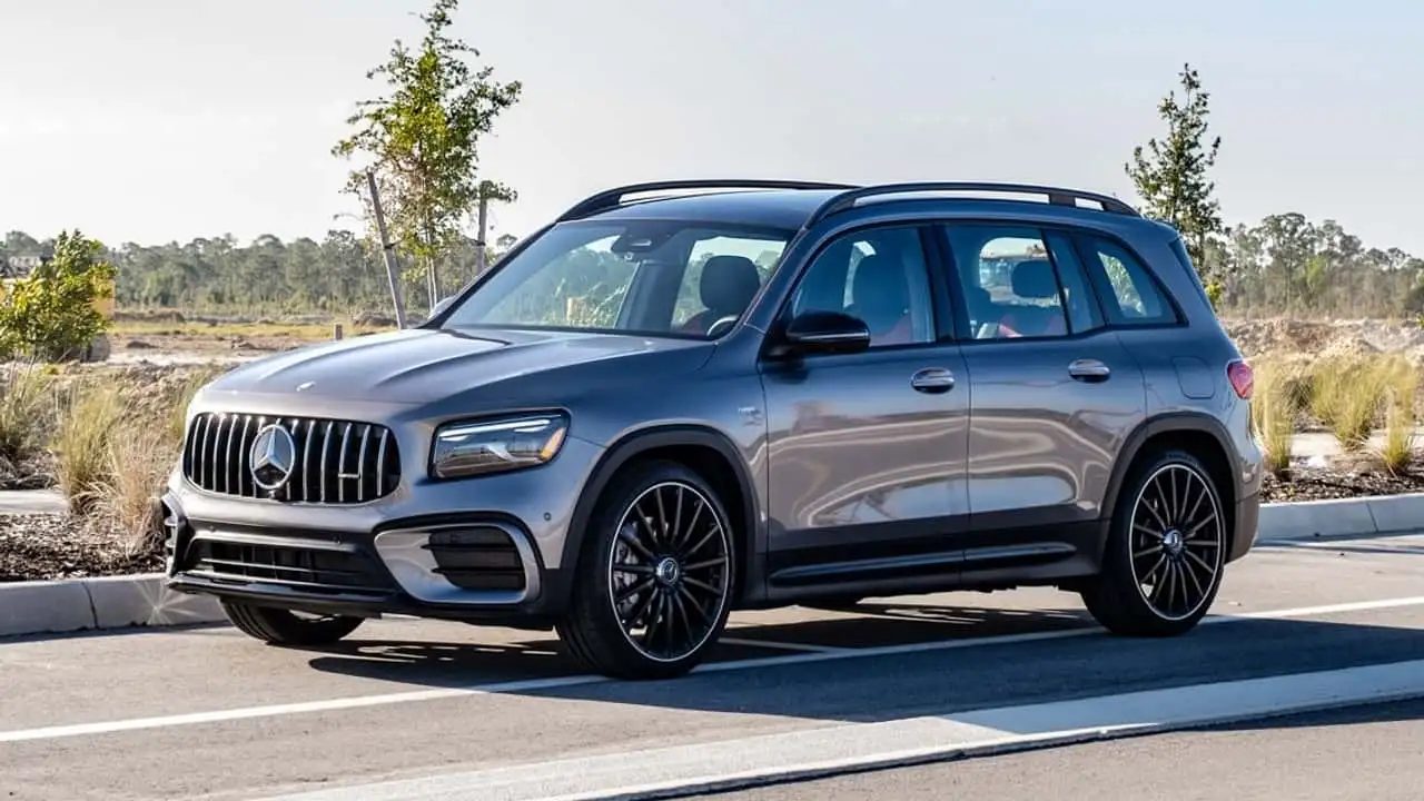 The Mercedes-AMG GLB35 is propelled forward by a large door